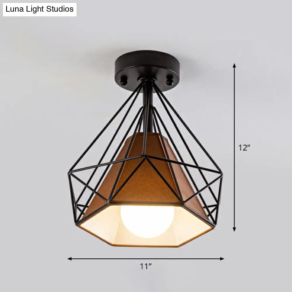 DecorBites™ DecorBites™ Sleek Iron Diamond Cage Semi Flush Ceiling Light Fixture – Ideal for Corridors and Simplicity-Loving Spaces