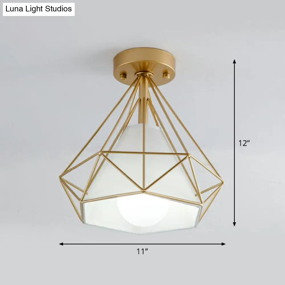 DecorBites™ DecorBites™ Sleek Iron Diamond Cage Semi Flush Ceiling Light Fixture – Ideal for Corridors and Simplicity-Loving Spaces