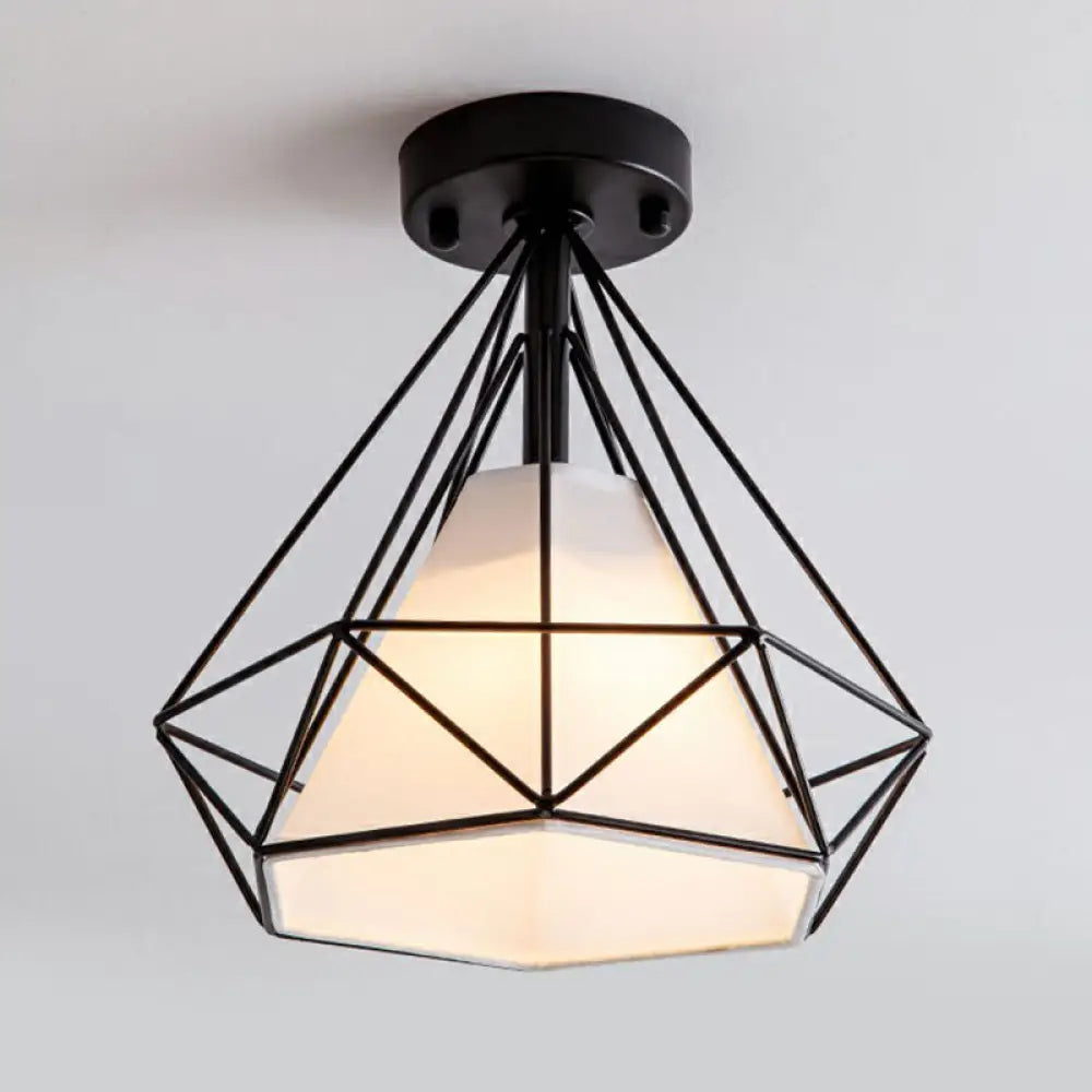 DecorBites™ DecorBites™ Sleek Iron Diamond Cage Semi Flush Ceiling Light Fixture – Ideal for Corridors and Simplicity-Loving Spaces