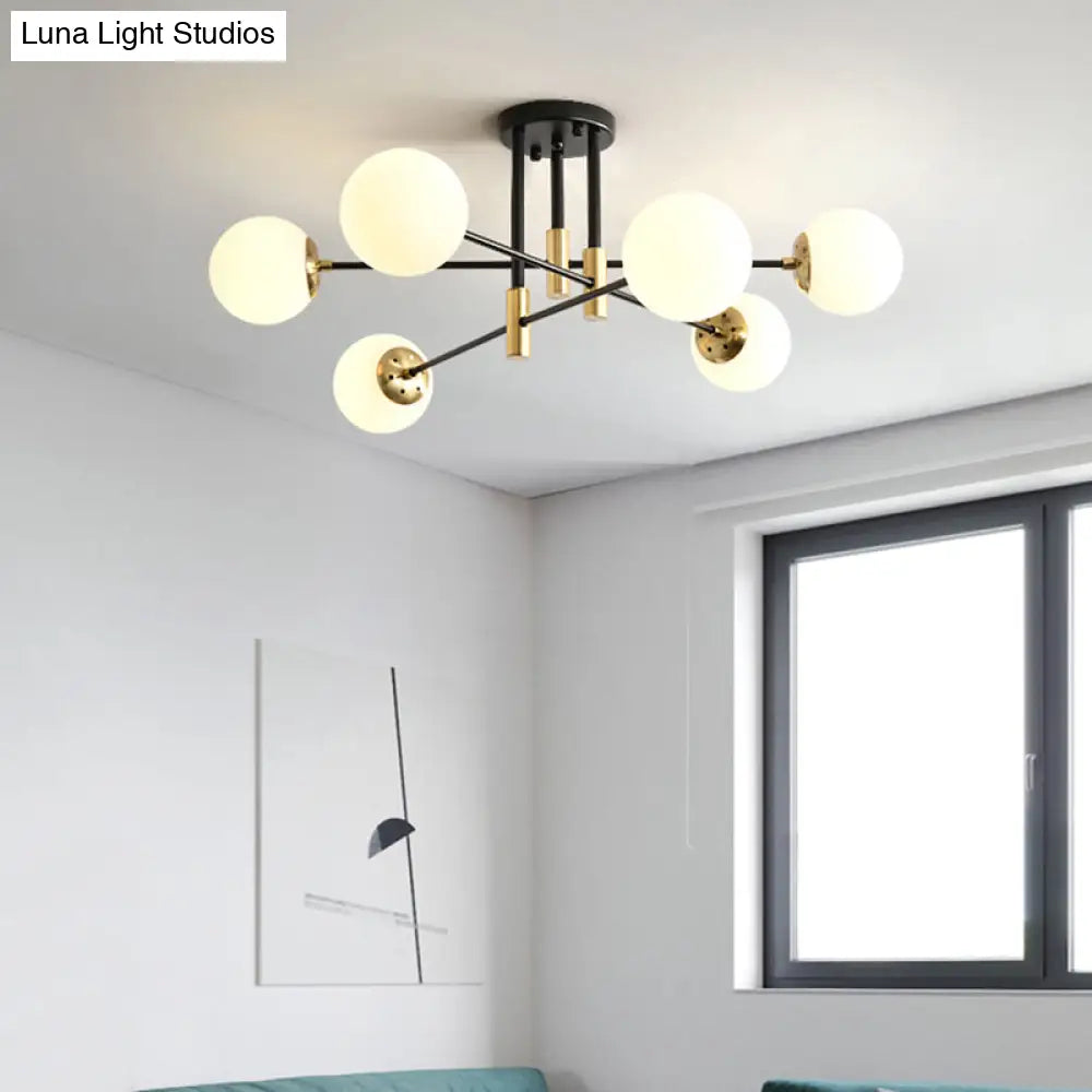 DecorBites™ DecorBites™ Sleek Ivory Glass Ball Flush Ceiling Light in Simple Black-Brass - Semi Flush Mount for Dining Room