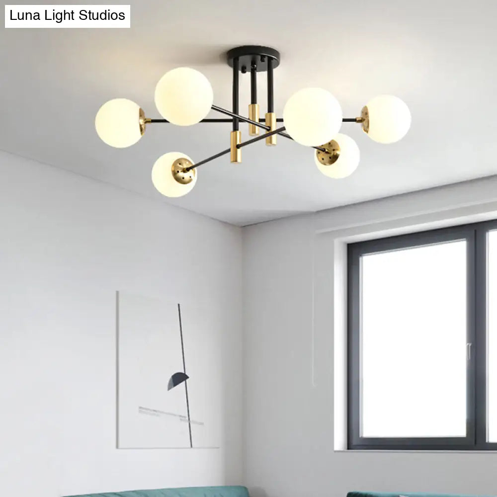 DecorBites™ DecorBites™ Sleek Ivory Glass Ball Flush Ceiling Light in Simple Black-Brass - Semi Flush Mount for Dining Room