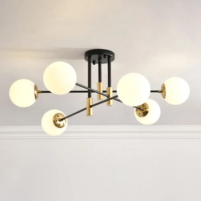 DecorBites™ DecorBites™ Sleek Ivory Glass Ball Flush Ceiling Light in Simple Black-Brass - Semi Flush Mount for Dining Room