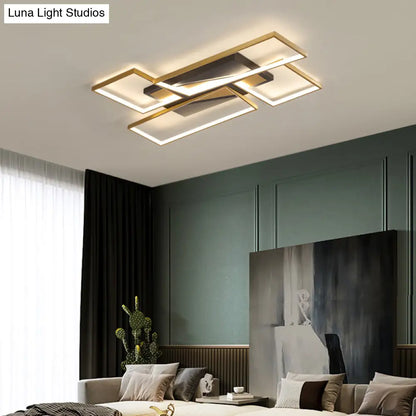 DecorBites™ DecorBites™ Sleek Living Room Shine: Simplistic Black-Gold LED Metal Rectangle Flush Mount Ceiling Lamp.
