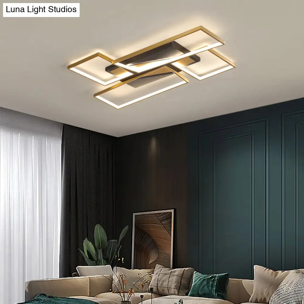 DecorBites™ DecorBites™ Sleek Living Room Shine: Simplistic Black-Gold LED Metal Rectangle Flush Mount Ceiling Lamp.