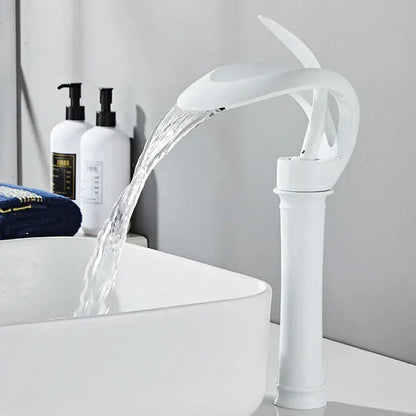 White ceramic basin faucet with waterfall design featuring sleek modern style for decorbites black brass bathroom use