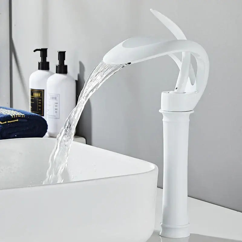 White ceramic basin faucet with waterfall design featuring sleek modern style for decorbites black brass bathroom use