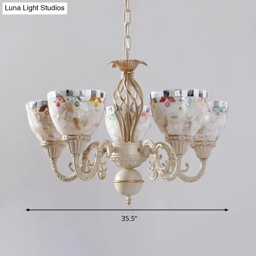 Sleek Mediterranean Shell Dome Chandelier Pendant Light - White Ceiling Suspension Lamp - 5/9/11 Lights