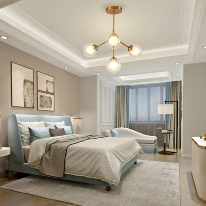 Lámpara de araña elegante de metal con pantallas de cristal transparente - Iluminación moderna estilo Sputnik para dormitorio - Disponible en opciones de 4, 7 o 10 luces