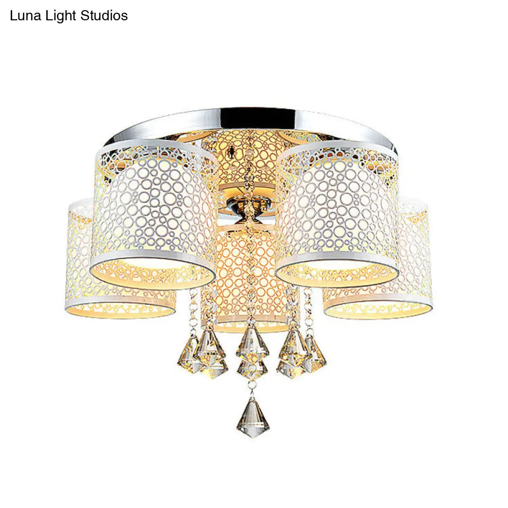 DecorBites™ DecorBites™ Sleek Metal Chrome Semi Flush Light: Modern Cylinder Design with Frosted Glass Shade & Crystal Accents