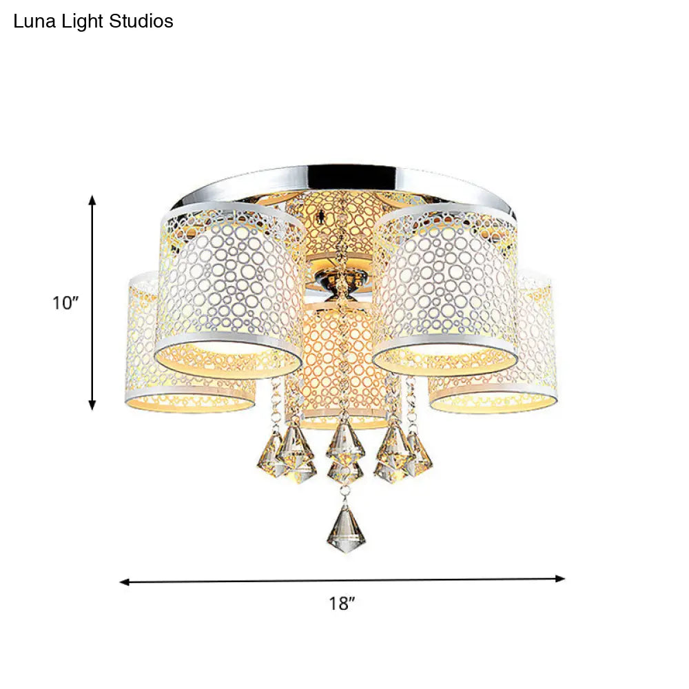 DecorBites™ DecorBites™ Sleek Metal Chrome Semi Flush Light: Modern Cylinder Design with Frosted Glass Shade & Crystal Accents