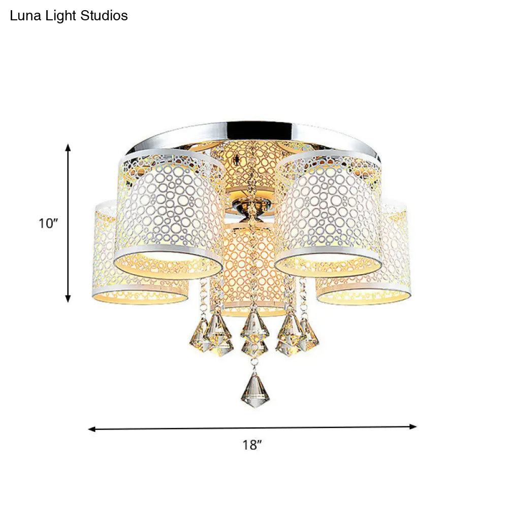 DecorBites™ DecorBites™ Sleek Metal Chrome Semi Flush Light: Modern Cylinder Design with Frosted Glass Shade & Crystal Accents