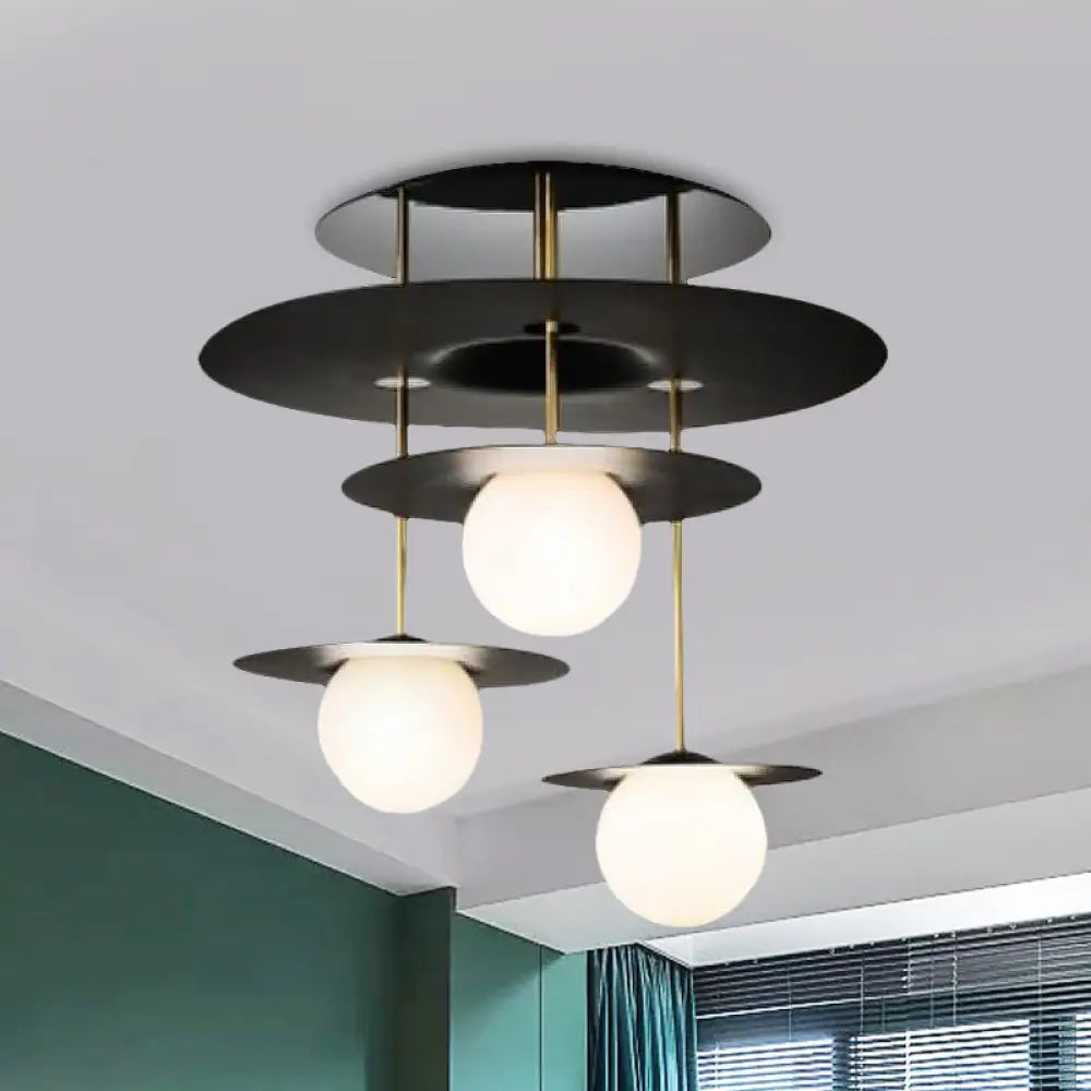 DecorBites™ DecorBites™ Sleek Metal Disk Flush Light Fixture with Modernist Design - 3 Bulbs, Black Semi Flush Mount Ceiling Lamp, White Glass Shade
