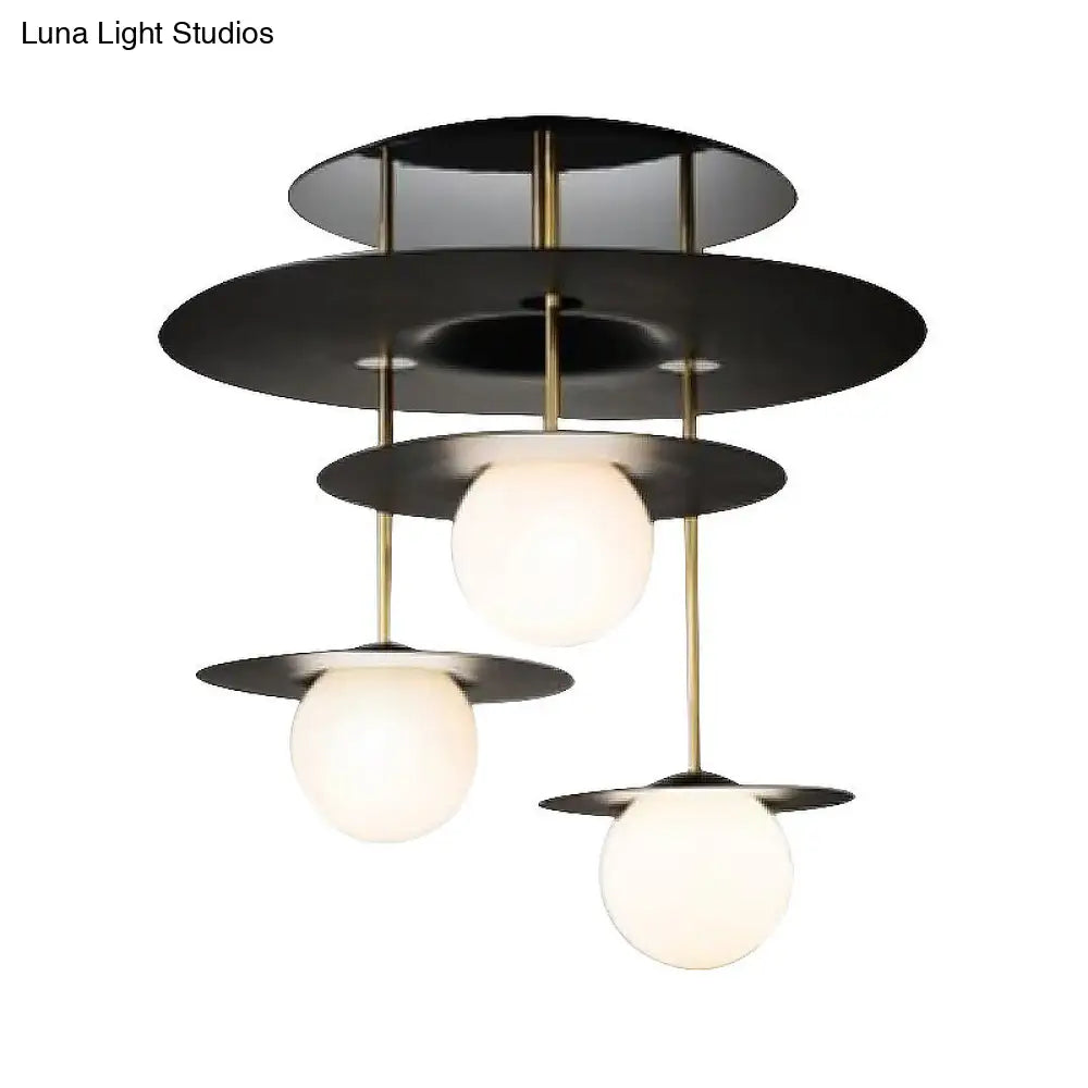 DecorBites™ DecorBites™ Sleek Metal Disk Flush Light Fixture with Modernist Design - 3 Bulbs, Black Semi Flush Mount Ceiling Lamp, White Glass Shade
