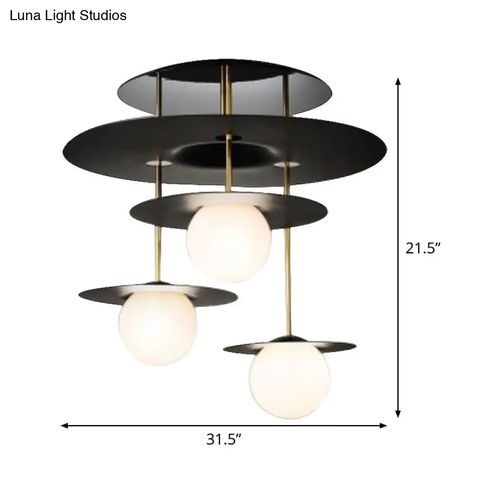 DecorBites™ DecorBites™ Sleek Metal Disk Flush Light Fixture with Modernist Design - 3 Bulbs, Black Semi Flush Mount Ceiling Lamp, White Glass Shade