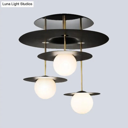 DecorBites™ DecorBites™ Sleek Metal Disk Flush Light Fixture with Modernist Design - 3 Bulbs, Black Semi Flush Mount Ceiling Lamp, White Glass Shade