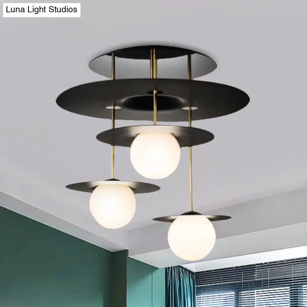 DecorBites™ DecorBites™ Sleek Metal Disk Flush Light Fixture with Modernist Design - 3 Bulbs, Black Semi Flush Mount Ceiling Lamp, White Glass Shade