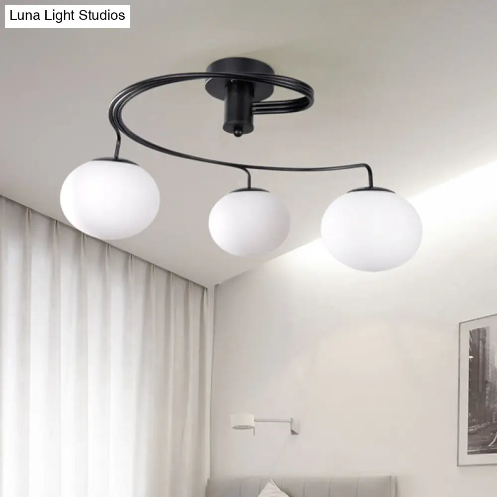 Sleek Modernist Milk Glass 3-Head Black Ceiling Mount Light for Bedroom - Globe Semi Flush Fixture