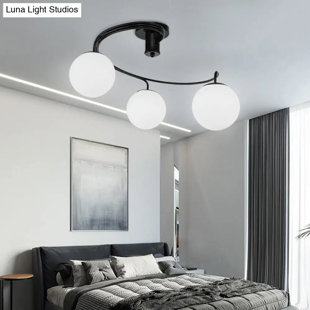 Sleek Modernist Milk Glass 3-Head Black Ceiling Mount Light for Bedroom - Globe Semi Flush Fixture