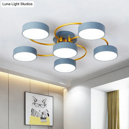 DecorBites™ DecorBites™ Sleek Nordic Grey LED Ceiling Lamp with Gold Spiral Arm - Small Drum Iron Semi Flush Light Fixture (6 Heads)