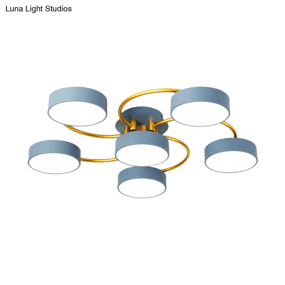 DecorBites™ DecorBites™ Sleek Nordic Grey LED Ceiling Lamp with Gold Spiral Arm - Small Drum Iron Semi Flush Light Fixture (6 Heads)