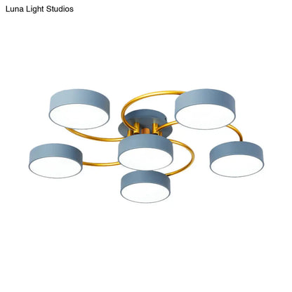 DecorBites™ DecorBites™ Sleek Nordic Grey LED Ceiling Lamp with Gold Spiral Arm - Small Drum Iron Semi Flush Light Fixture (6 Heads)