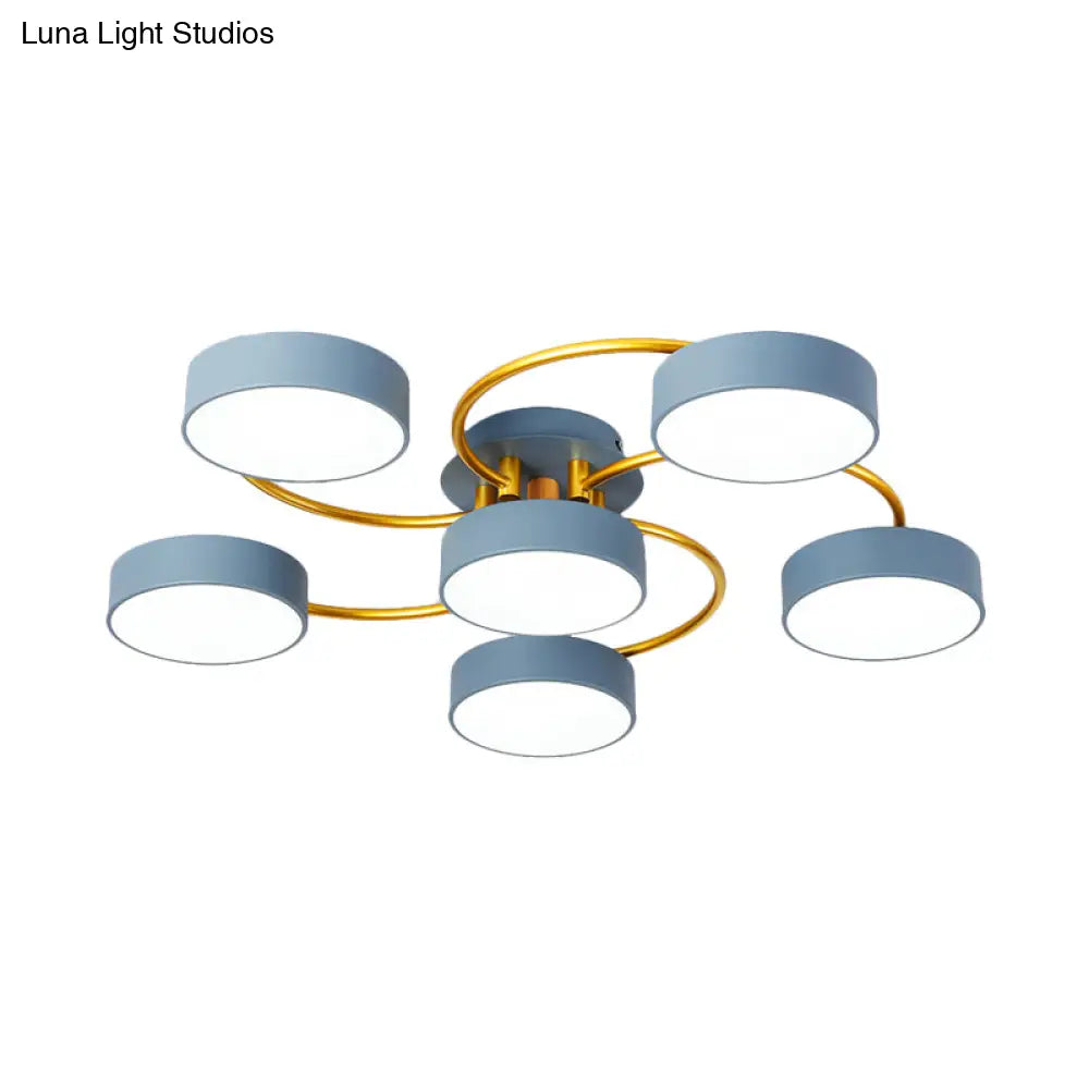 DecorBites™ DecorBites™ Sleek Nordic Grey LED Ceiling Lamp with Gold Spiral Arm - Small Drum Iron Semi Flush Light Fixture (6 Heads)