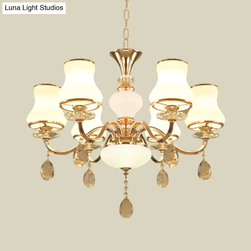 Sleek Opal Glass 6-Light Bedroom Crystal Chandelier – Champagne Bell Design