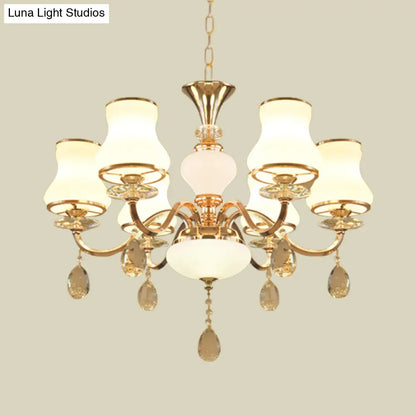 Sleek Opal Glass 6-Light Bedroom Crystal Chandelier – Champagne Bell Design