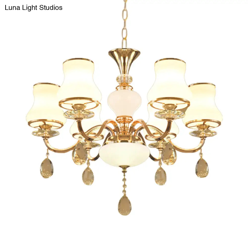 Sleek Opal Glass 6-Light Bedroom Crystal Chandelier – Champagne Bell Design