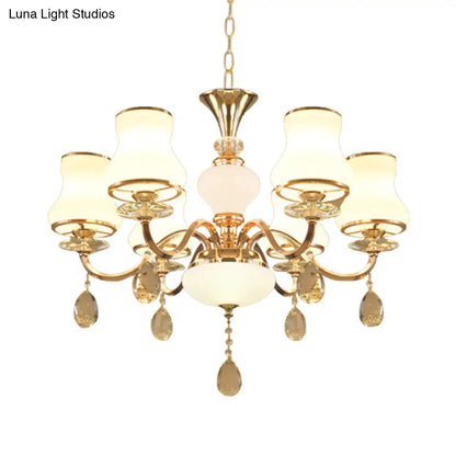 Sleek Opal Glass 6-Light Bedroom Crystal Chandelier – Champagne Bell Design
