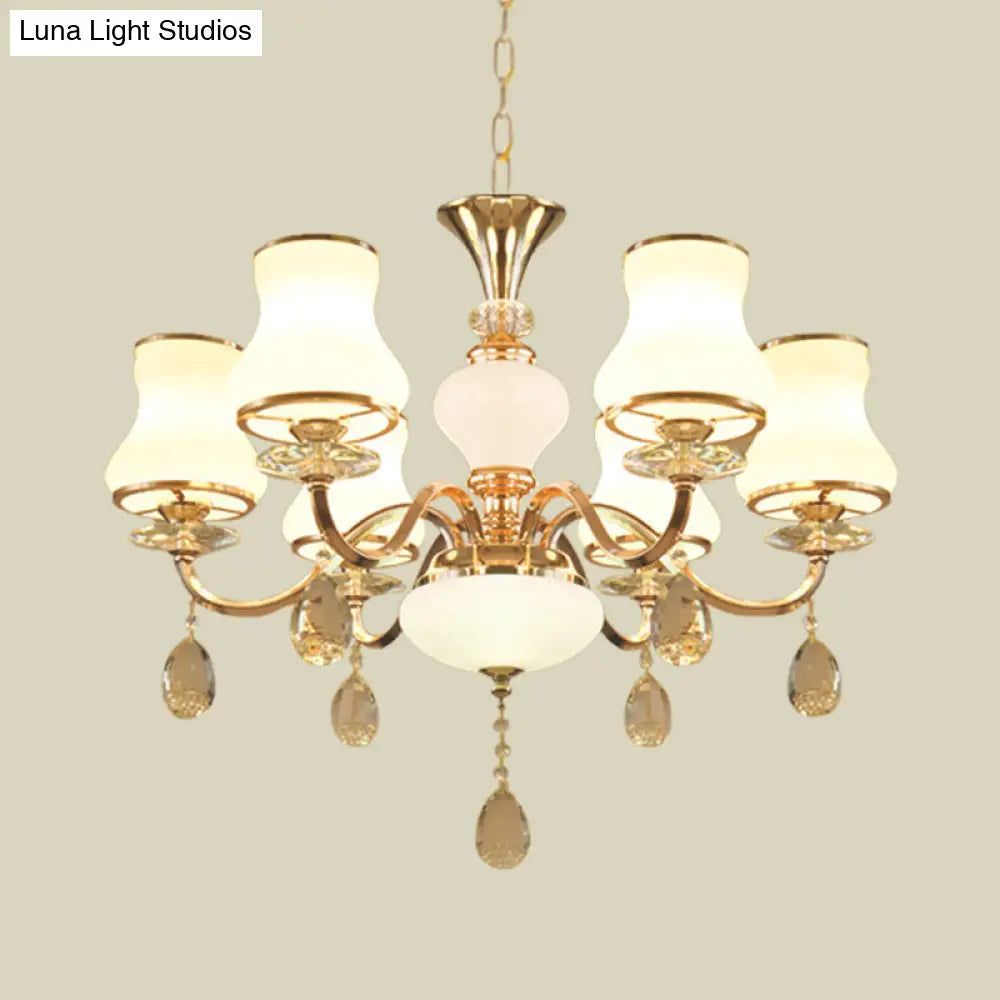 Sleek Opal Glass 6-Light Bedroom Crystal Chandelier – Champagne Bell Design
