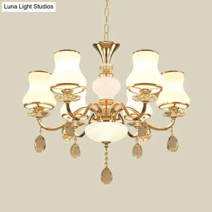 Sleek Opal Glass 6-Light Bedroom Crystal Chandelier – Champagne Bell Design