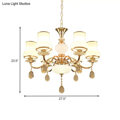 Sleek Opal Glass 6-Light Bedroom Crystal Chandelier – Champagne Bell Design