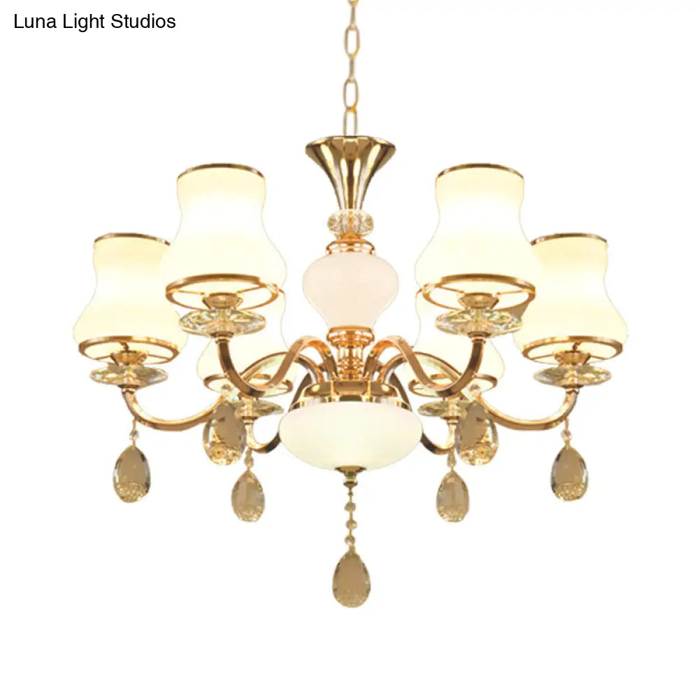 Sleek Opal Glass 6-Light Bedroom Crystal Chandelier – Champagne Bell Design