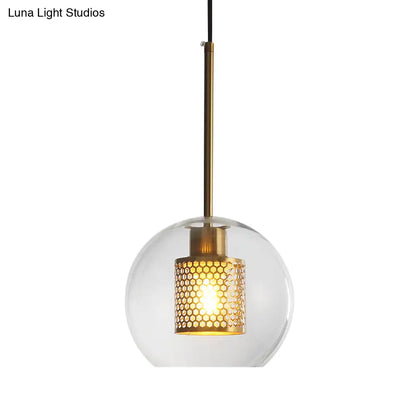 Sleek Orb Pendant Light with Mesh Cylinder Shade - Ideal Glass Hanging Lamp for Hallways