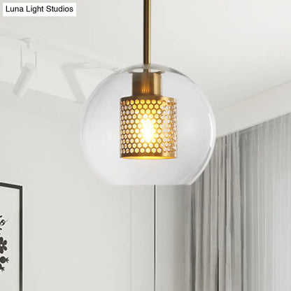 Sleek Orb Pendant Light with Mesh Cylinder Shade - Ideal Glass Hanging Lamp for Hallways