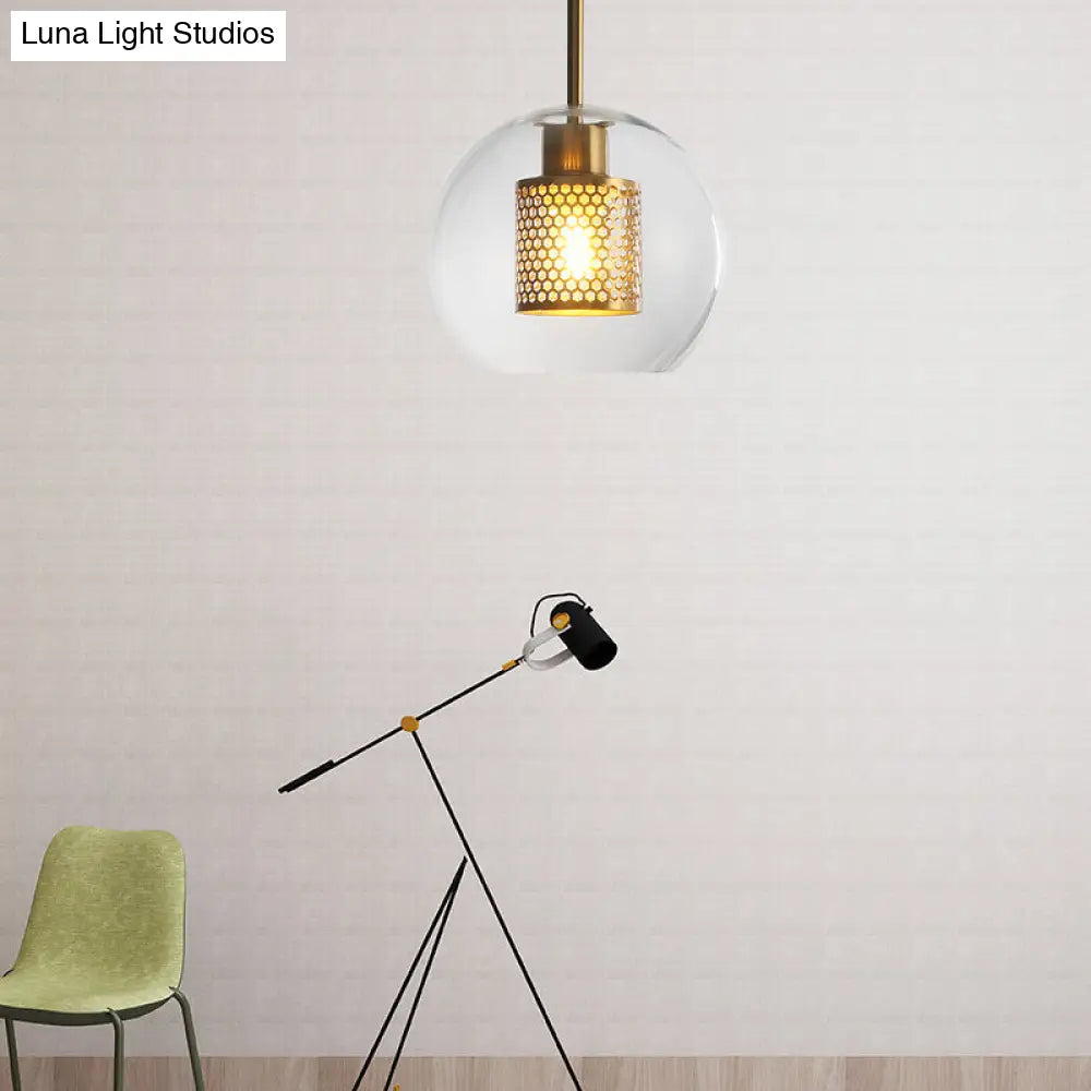 Sleek Orb Pendant Light with Mesh Cylinder Shade - Ideal Glass Hanging Lamp for Hallways