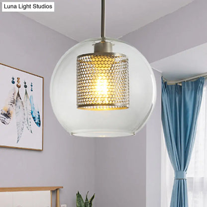 Sleek Orb Pendant Light with Mesh Cylinder Shade - Ideal Glass Hanging Lamp for Hallways