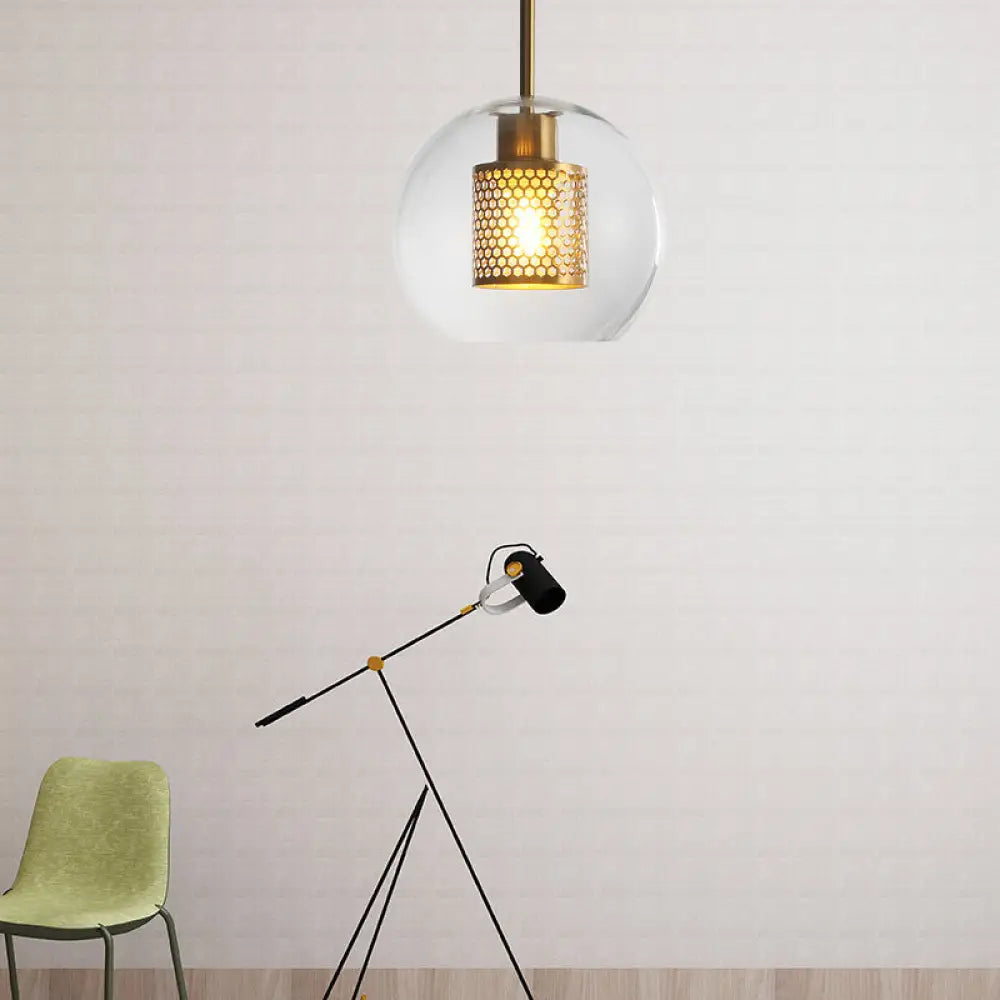 Sleek Orb Pendant Light with Mesh Cylinder Shade - Ideal Glass Hanging Lamp for Hallways