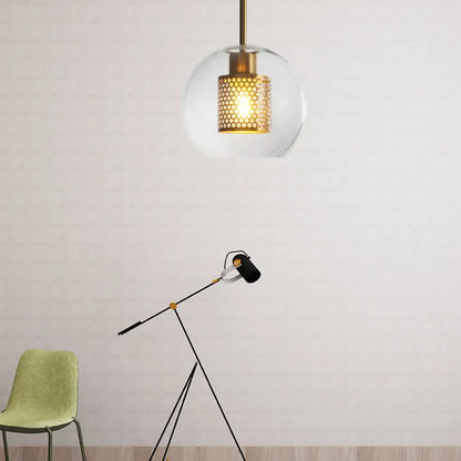 Sleek Orb Pendant Light with Mesh Cylinder Shade - Ideal Glass Hanging Lamp for Hallways