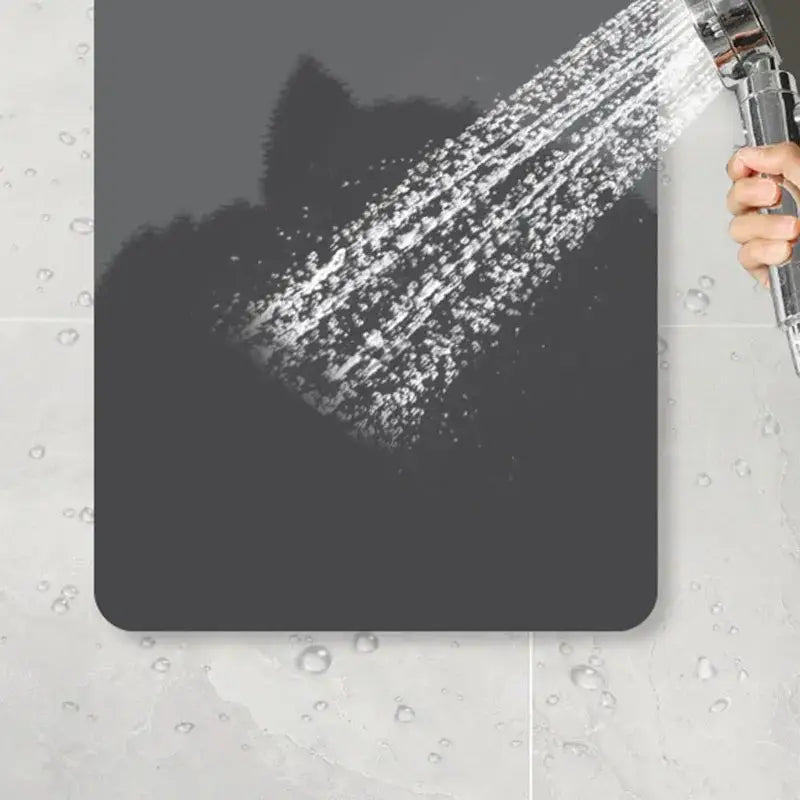 Sleek sage green diatom ooze bath rug with black non slip cat silhouette design for bathroom use non slip mat