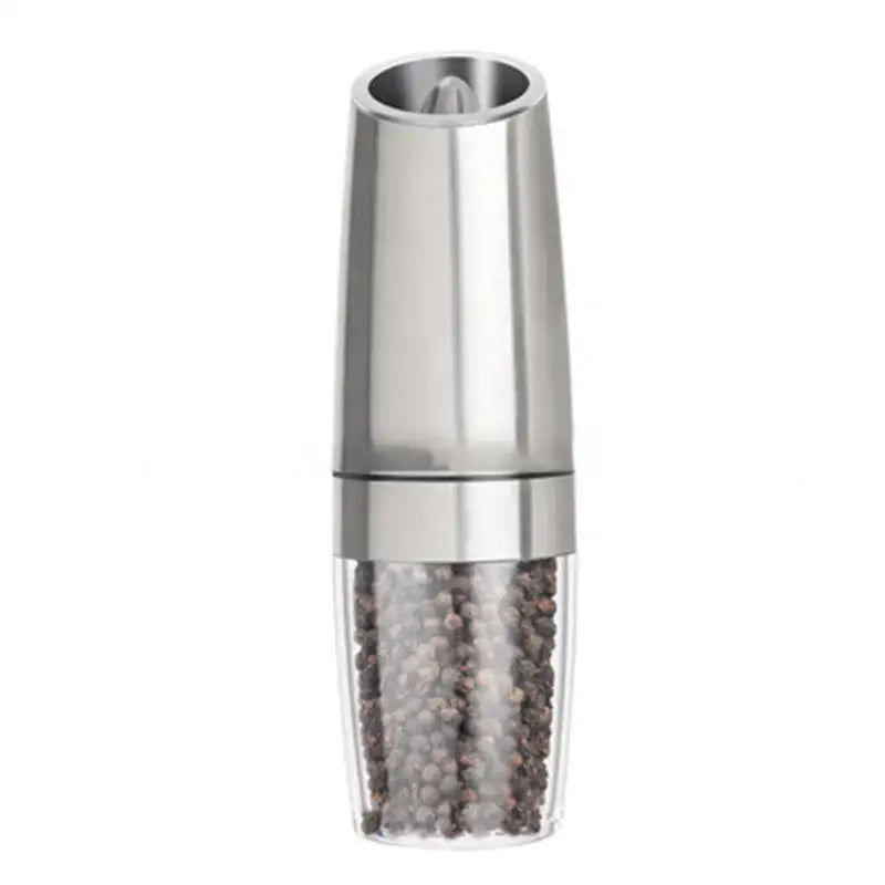 Sleek silver stainless steel electric pepper and salt grinder set with clear acrylic base filled with peppercorns