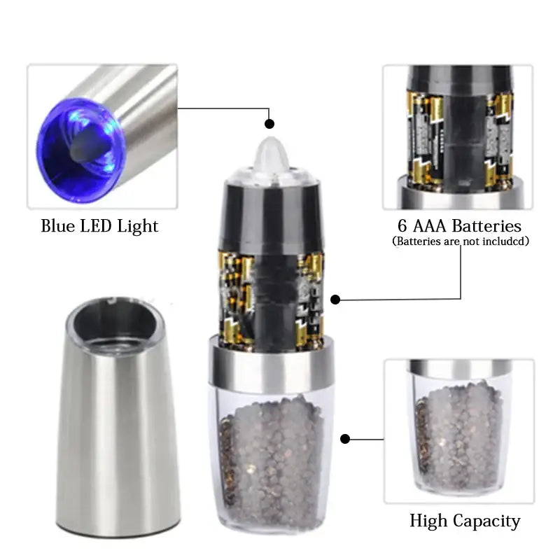 Sleek silver stainless steel electric pepper grinder with blue led light and transparent body in salt grinder set