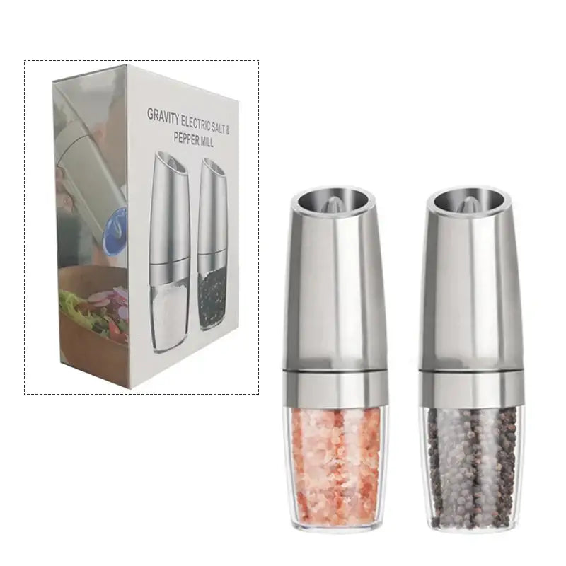 Sleek silver stainless steel electric pepper and salt grinder set with clear glass bases for kitchen use salt grinder set