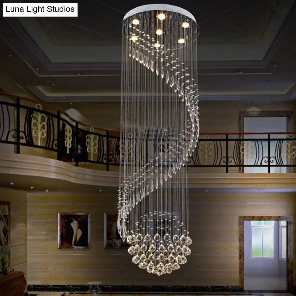 Sleek Silver Spiral Cluster Pendant Lamp - Clear Crystal, 7-Light LED Ceiling Fixture