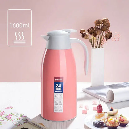 Pink 1600ml insulated decorbites insulavacuum bottle with white lid and handle featuring 24 hours temperature retention
