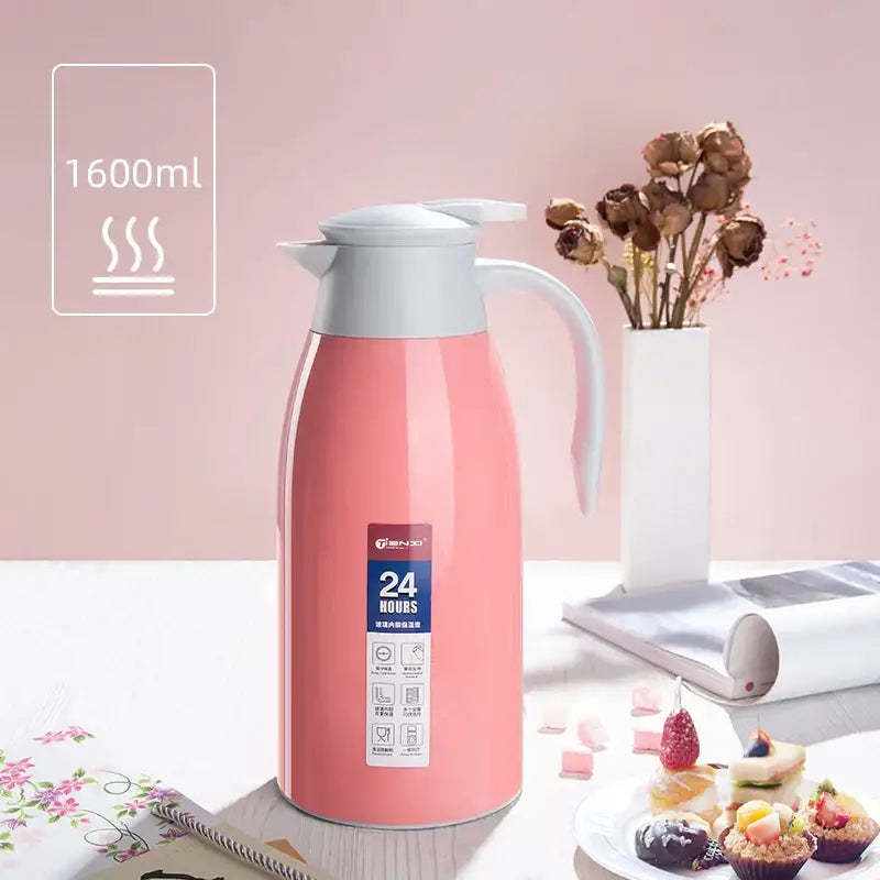 Pink 1600ml insulated decorbites insulavacuum bottle with white lid and handle featuring 24 hours temperature retention