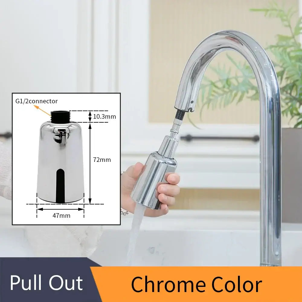 Sleek silver touchless kitchen faucet with chrome pull-out sprayer and integrated g1/2 connector ideal for kitchen faucet accessories