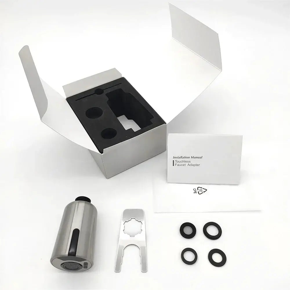 Silver stainless steel touchless kitchen faucet adapter with sleek cylindrical design and black rubber seals for kitchen faucet accessories
