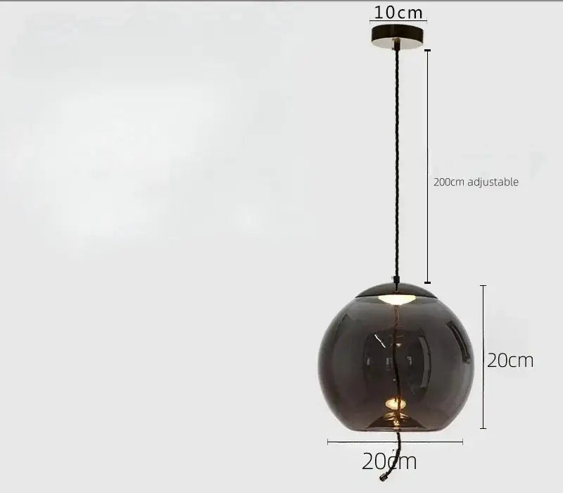 Sleek smoked glass led chandelier living room pendant light with 20cm dark smoked glass globe and black cord suspension